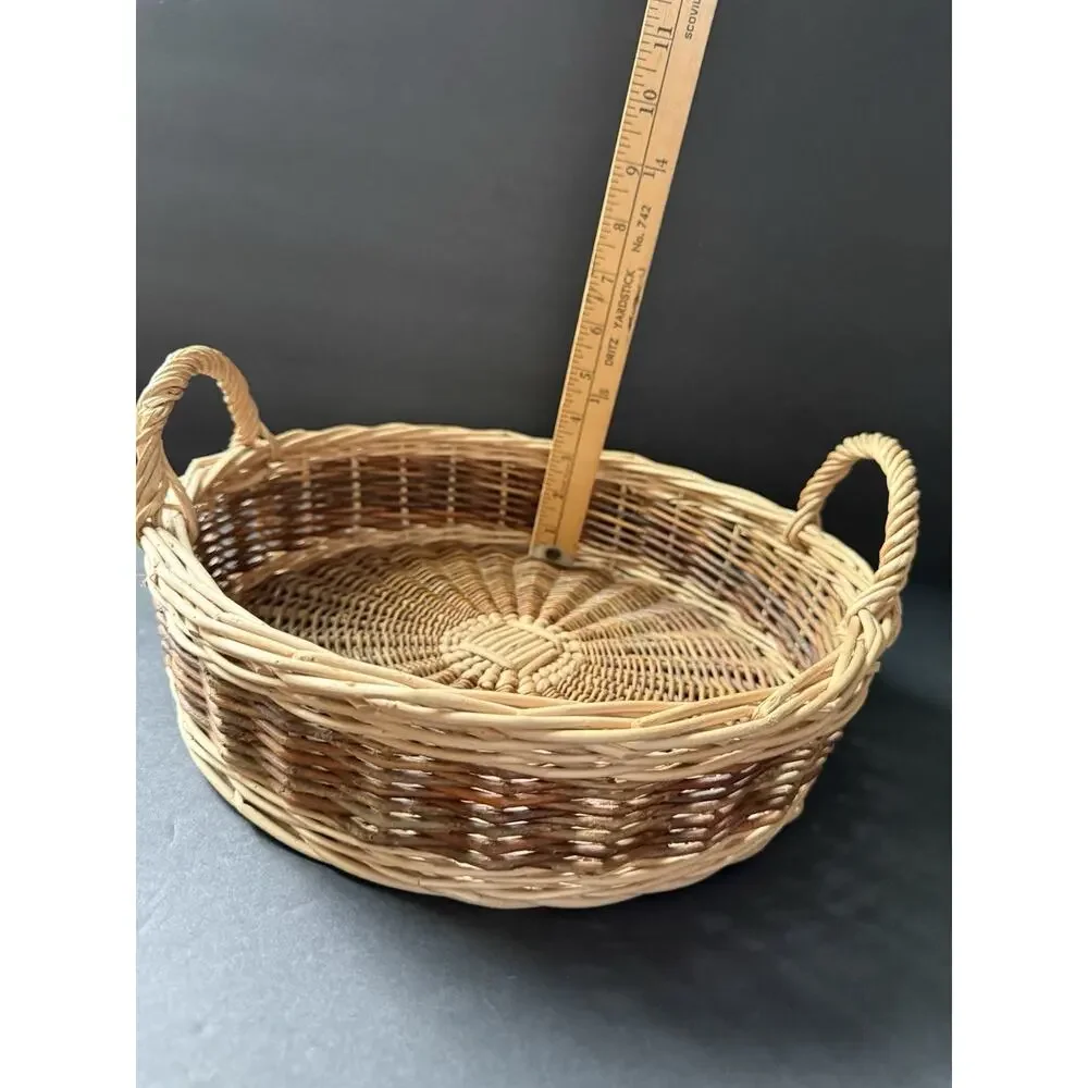 Vintage Handwoven Rattan Wicker Basket Round Handles Farmhouse Cottage Rustic
